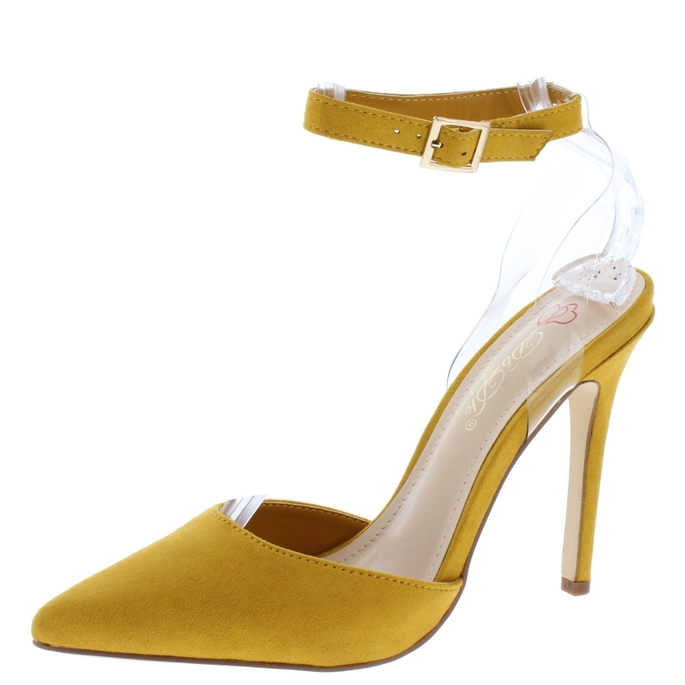 Mustard Pointed Toe Lucite Ankle Strap Stiletto He